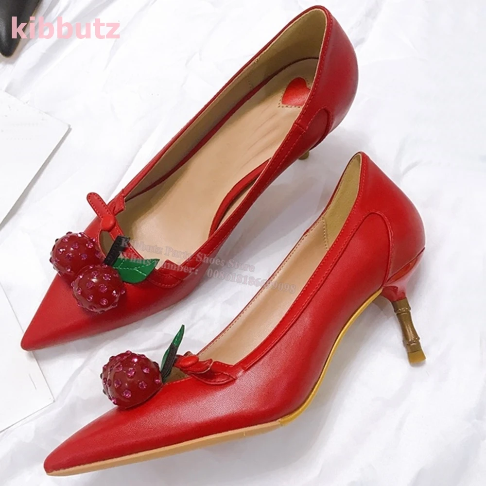 Cherry Bamboo Heel Pointed Toe Pumps Genuine Leather Solid Color Glossy Crystal Slip-On Fashion Elegant Sexy Women Shoes Newest