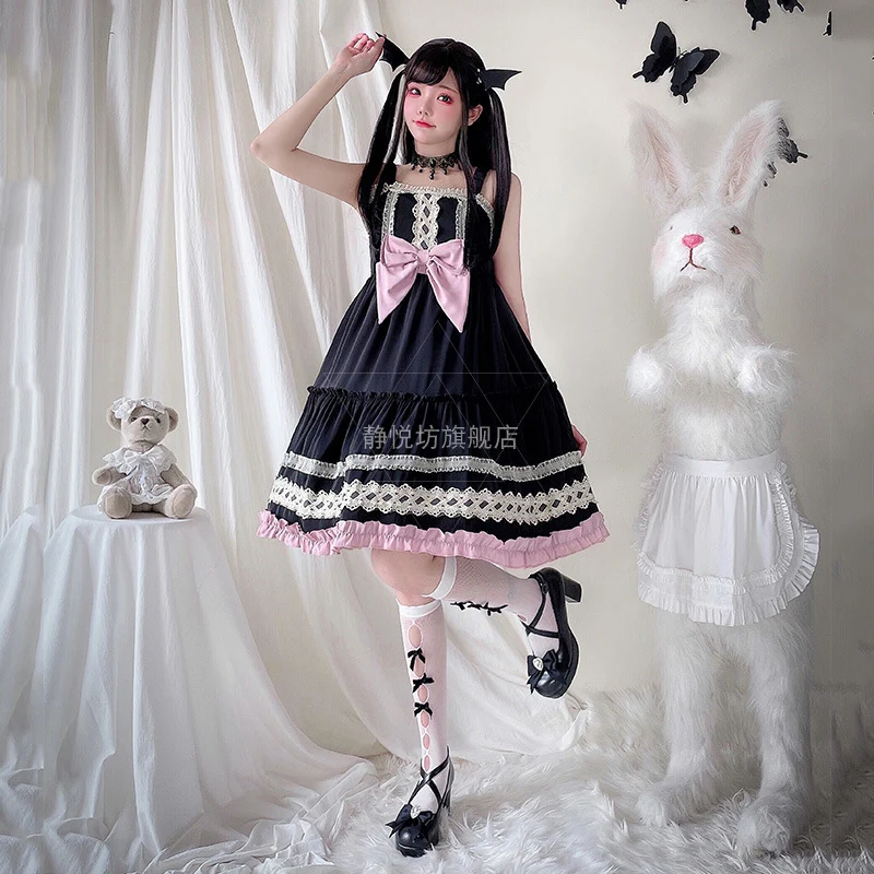 Japanese Soft Girl Gothic Laurie Bow Dress Lolita Black Sweet Cool JK Strap Dress Goddess Queen Cosplay Vestidos Y2k Anime