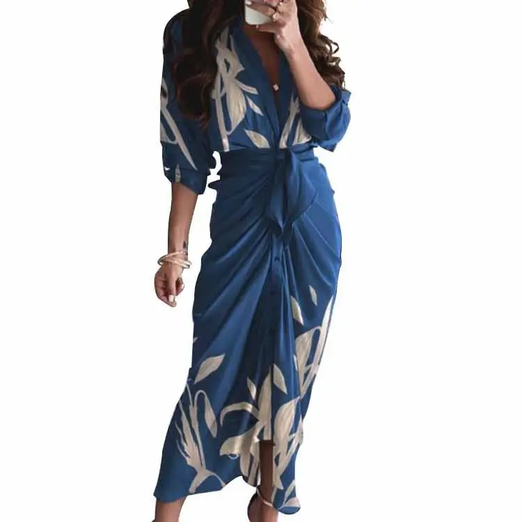 Ele Vita alta V-Ne Long Sve Stampato Pieghettato da donna Dr Sexy Seven-Quarter Sve Piegato Cross-Border Faion