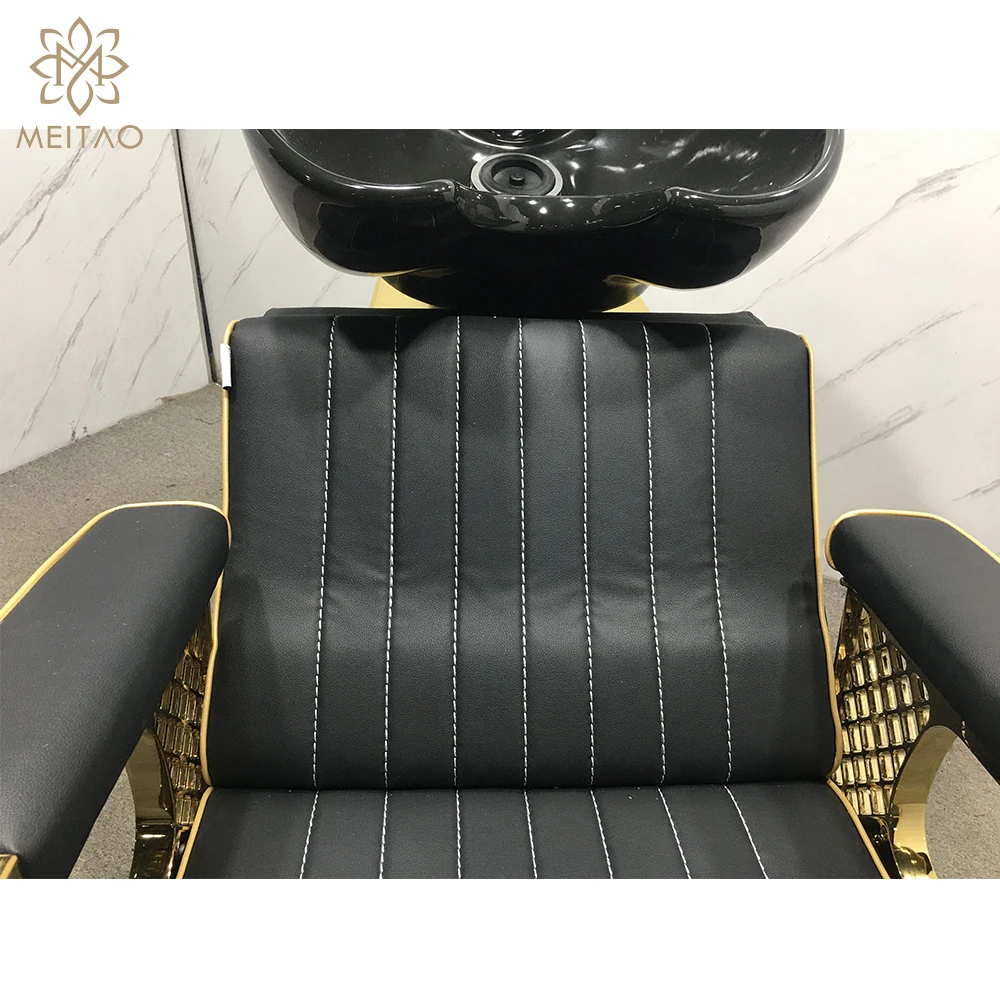 Luxury Shampoo Bed with Black Ceramic Sink and Gold Accents, Salon Hair Washing Chair with Armrest Tray for Barber Spa Use