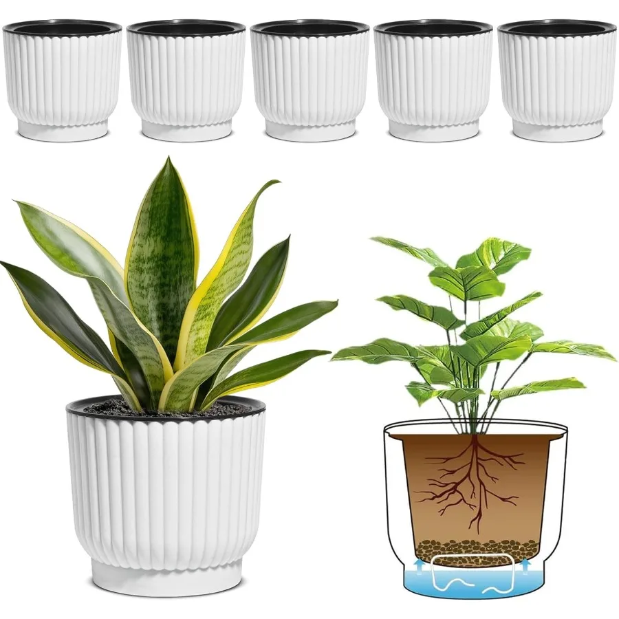 

6 Inch Self Watering Pots for Indoor Plants 6 Pack Plant Pots Self Watering Planter for Indoor Plants Durable Plastic Pots Flow