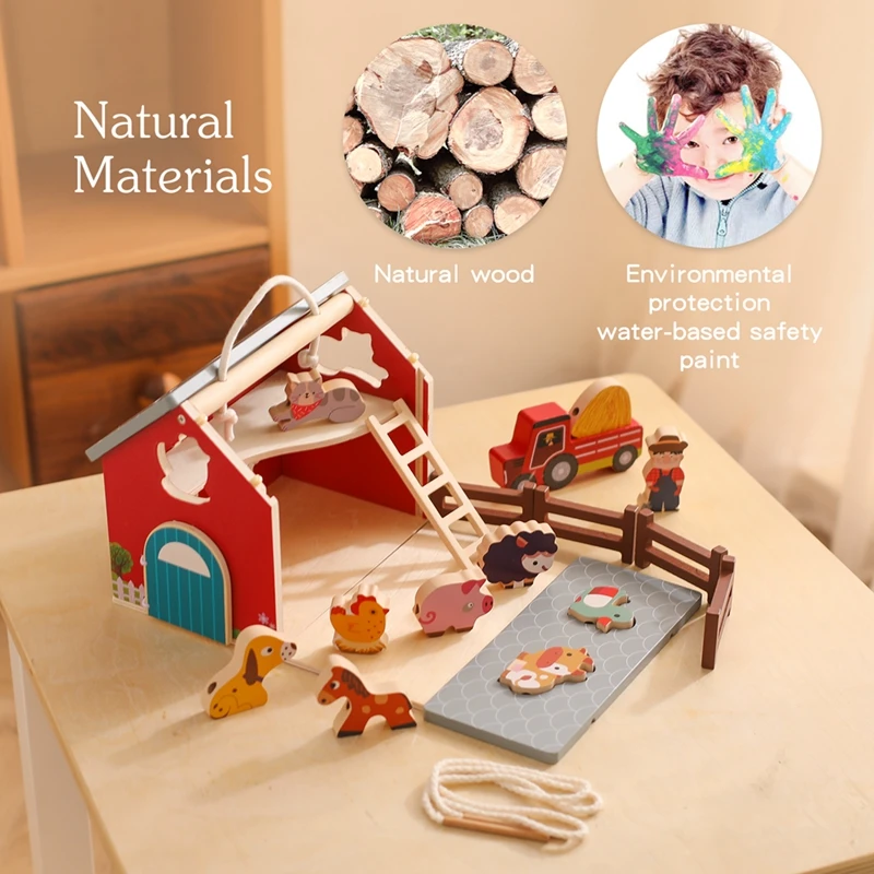 Montessori Toys Wooden Simulated Farm Setting Scene Toys Baby Shape Matching Animal Threading Toys Children Puzzle Blocks Gifts