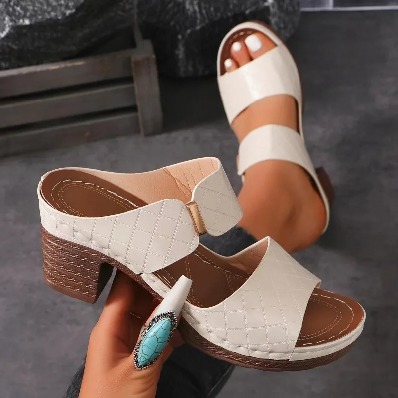 Open Toe Comfy Sandals Women Summer Daily Leisure High Heel Slippers New Fashion 7CM Coarse Following Plus Size 36-43 Women Shoe