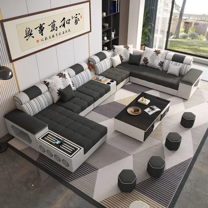 Modern 6 Piece Fabric Sofa Set for Living Room with Coffee Table and TV Cabinet Simple Style Tech Cloth Furniture