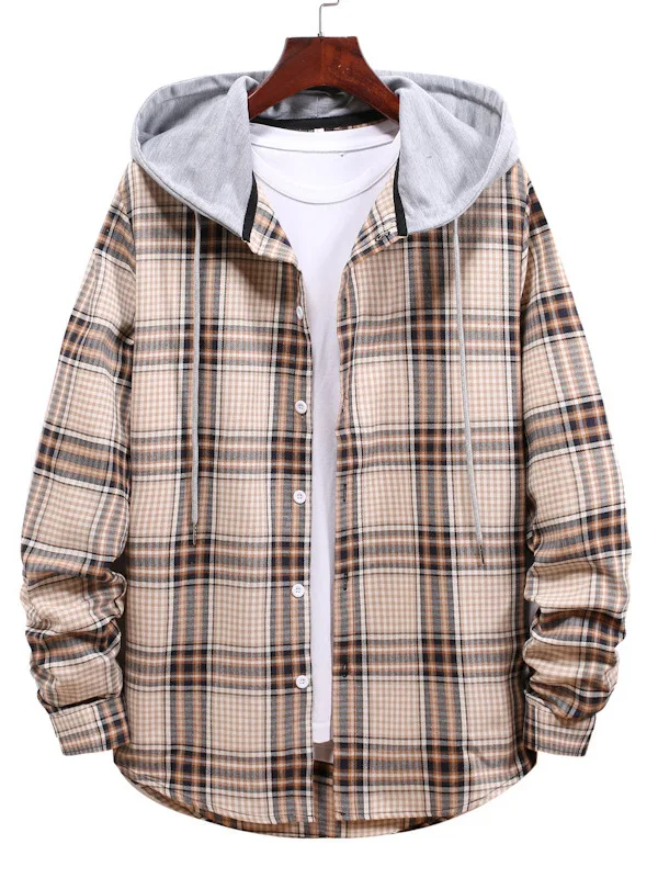 

Men's Plaid Hooded Long Sve irt Loose Fit Youthful Sle Autumn Season Casual Wear Other Material 00% Patterned