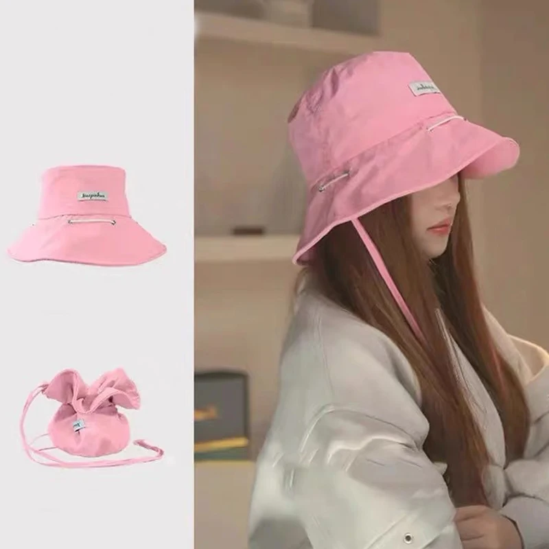 الصيف قبعة بحافة للنساء رقيقة سريعة الجافة قبعة صياد Y2K الفتيات بلون قبعات بنما حقيبة متغيرة ذات الاستخدام المزدوج #1