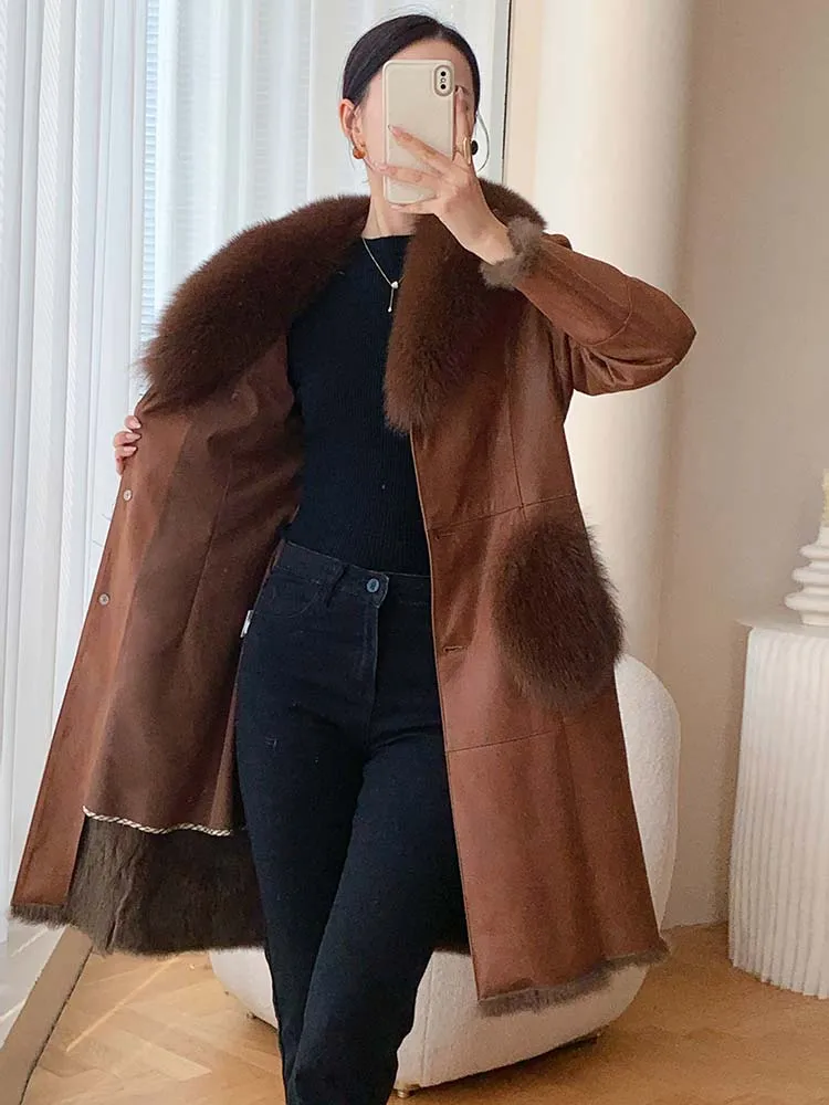 Women Winter Luxury Fox Fur Collar Down Coat Elegant Slim Real Leather Sheepskin Overcoat Thick Warm Office Lady Long Jacket