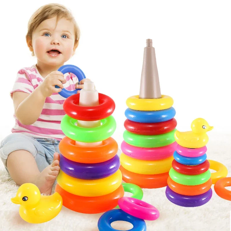 Kinderen Montessori Educatieve Regenboog Ring Toren Ferrule Kleine Gele Eend Stapelen Hout Babyspeelgoed Kleur Cognitief Speelgoed Kinderen