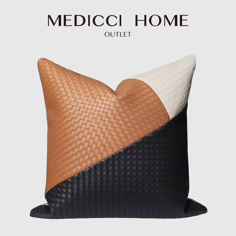 Medicci Home Modern Triangle Design Faux Leather Geometry Pattern Patchwork Cushion Cover Luxury Woven Throw Pillowcase For Sofa