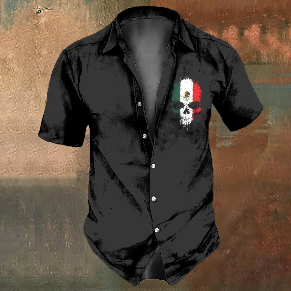 

Men's Skull Shirts Casual Mexican Short Sleeve Shirt For Men 3d Black Printed Tees Men's Clothing Loose Oversized Lapel Shirt