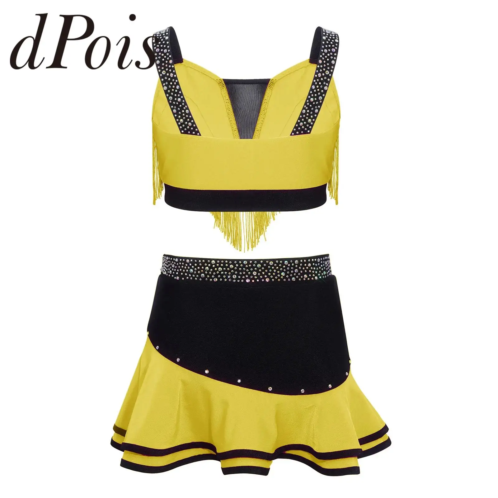 

Kids Girls Salsa Cha Cha Dancewear Color Block Latin Dance Outfit Tassels Crop Top Skirt Suits Tango Rumba Ballroom Dancewear