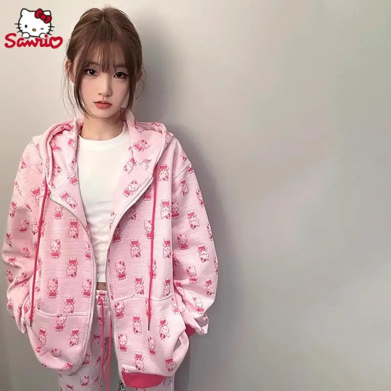 2Pcs Kawaii Sanrio Anime Coat and Pants Cute Hello Kitty Cartoon Hooded Sweatshirt Jacket Sports Suit Set Pants Gifts for Girls