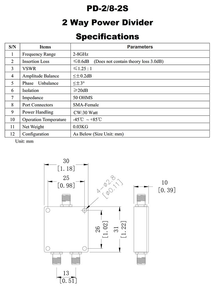 PD-2/8-2S 2-8GHz 30W SMA RF Microwave One Split Two Broadband Power Divider 2-way Power Divider