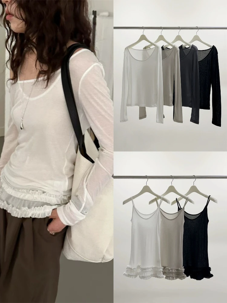 

Летний комплект футболок с кружевным нижним бельем, повседневный однотонный облегающий длинный све, впитывающий пот, с колючками