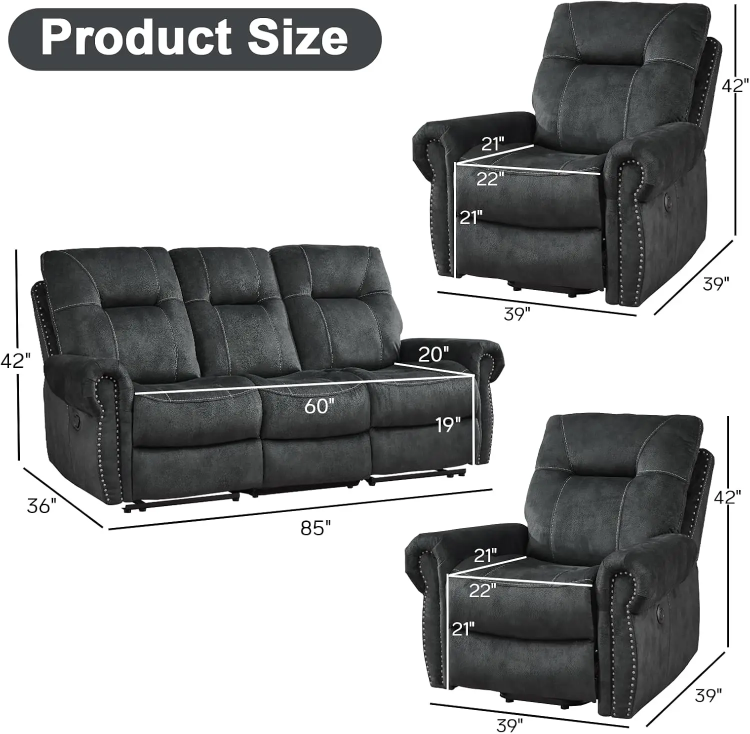 3 Pieces Reclining Couch Furniture Set for Living Room, Double 1 Seat Power Recliner Chair with Massage and Heat, a 3 Seater Man