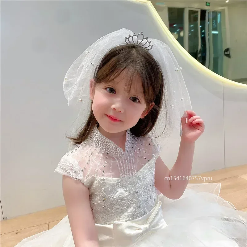Dziewczyna księżniczka Korea opaska z koroną przędza welon dziecięca kokardka kwiatowe opaski do włosów dzieci Party opaska na głowę biżuteria ślubna akcesoria — zdjęcie 3