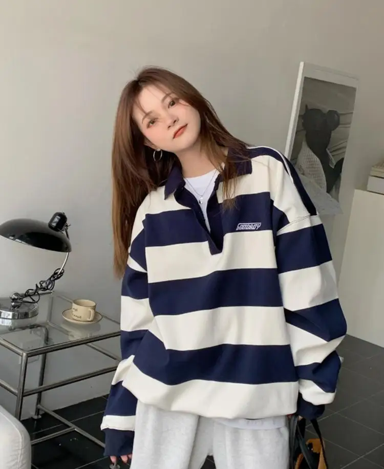 Harajuku Striped Sweatshirt Women Korean Style Preppy Pullover Female Fashion Polo Sweatshirt Ladies Casual Long Sleeve Top