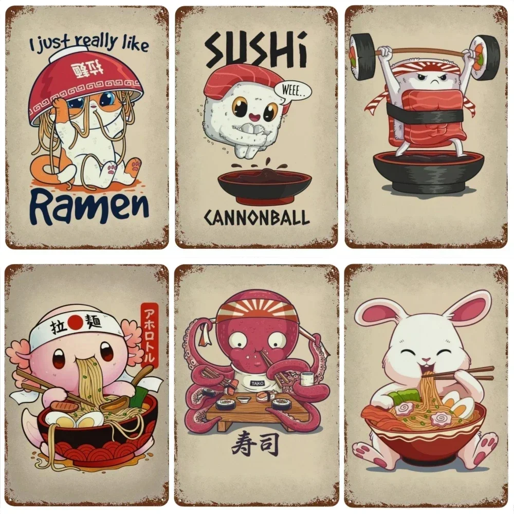 Pop Retro Cute Animals Food Aesthetics Ramen Sushi Panda Cat Rabbit Drink Home Kawaii Room Tin Poster Room Decor Wall Decor