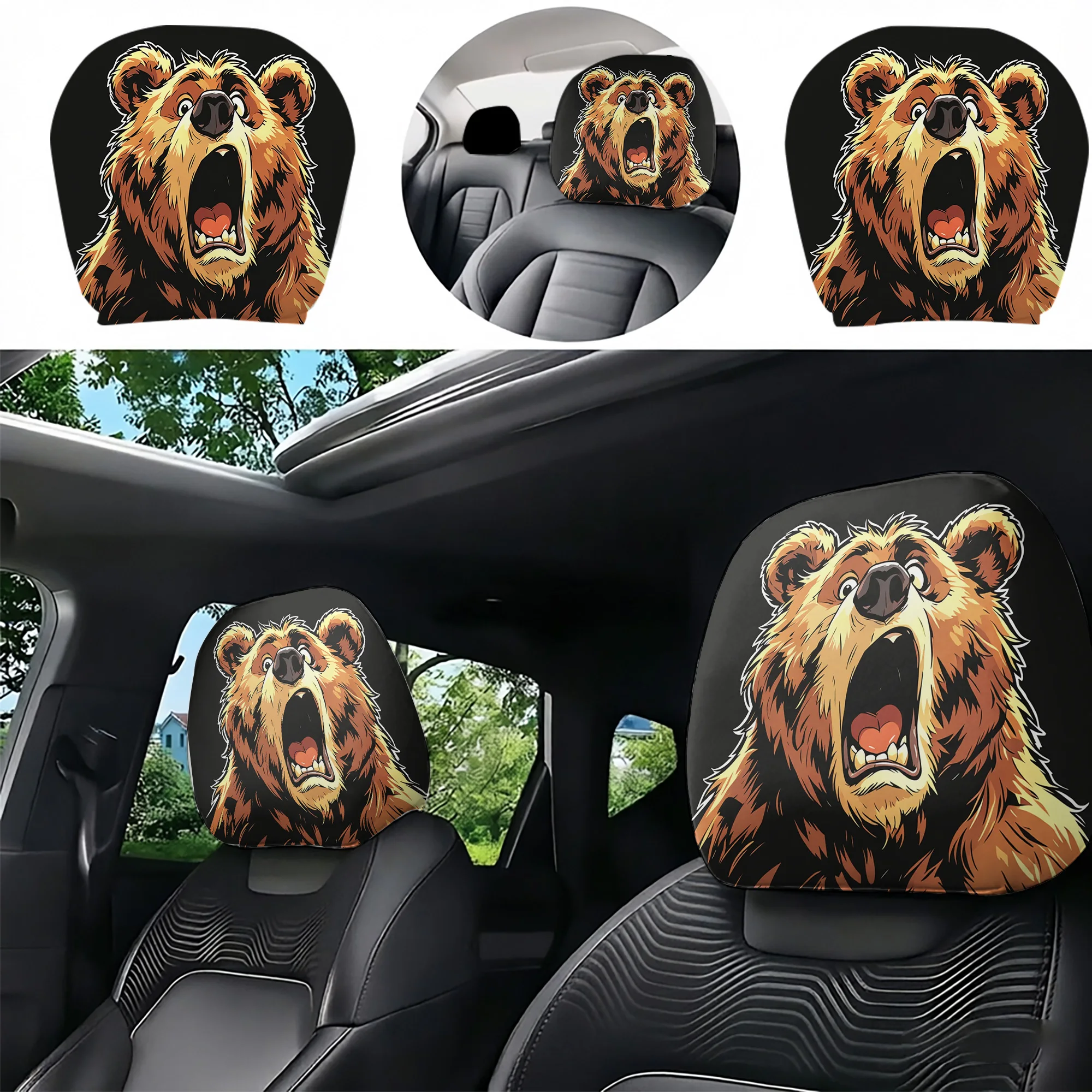 2pcs car headrest covers featuring a bear with a surprised expression, giving your car’s interior more personality. Does not inc