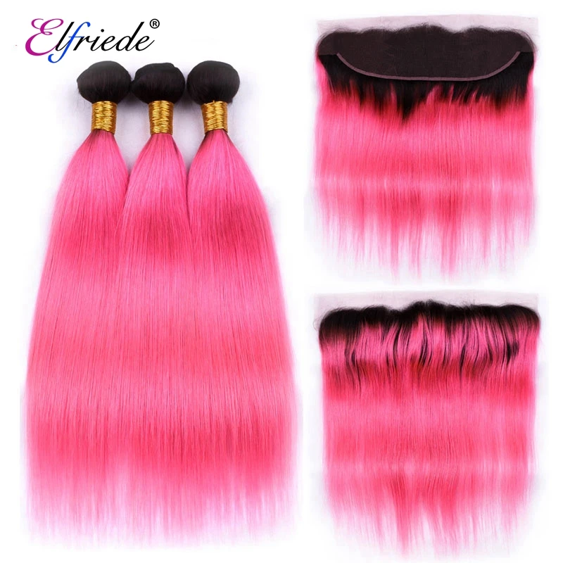 Elfriede 1B/Pink Straight Ombre Colored Hair Bundles with Frontal Remy Human Hair Sew In Wefts 3 Bundles with Lace Frontal 13x4