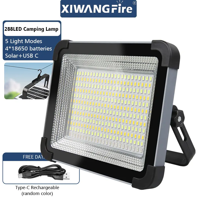 

288LED Solar Camping Lantern - Portable Work Light with Hook,5 Modes Rechargeable Emergency Lamp for Tent/Night Market/Outdoor
