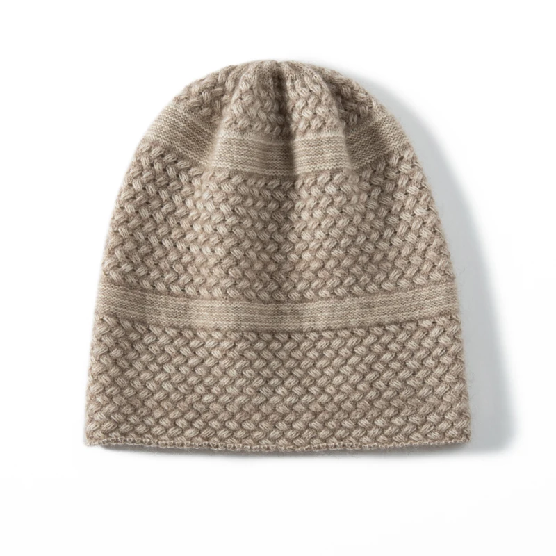 KOIJINSKY Women Autumn Winter 35% Cashmere 65% Merino Wool Honeycomb Textured Knit Beanie Two Tone Striped Elastic Soft Windproo