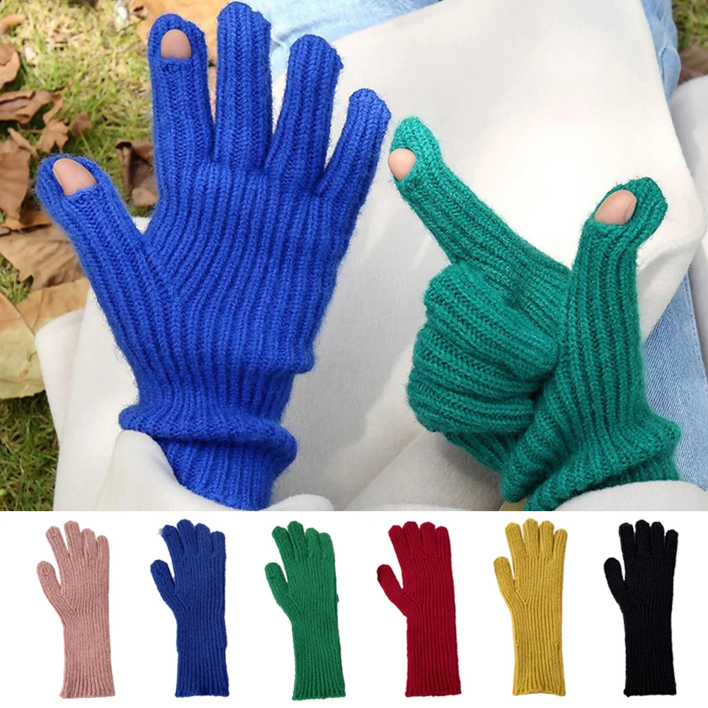 New Touch Screen Full Fingers Gloves Winter Solid Color Knitted Thicken Long Mittens Female Elastic Jacquard Cuffs Warm Gloves