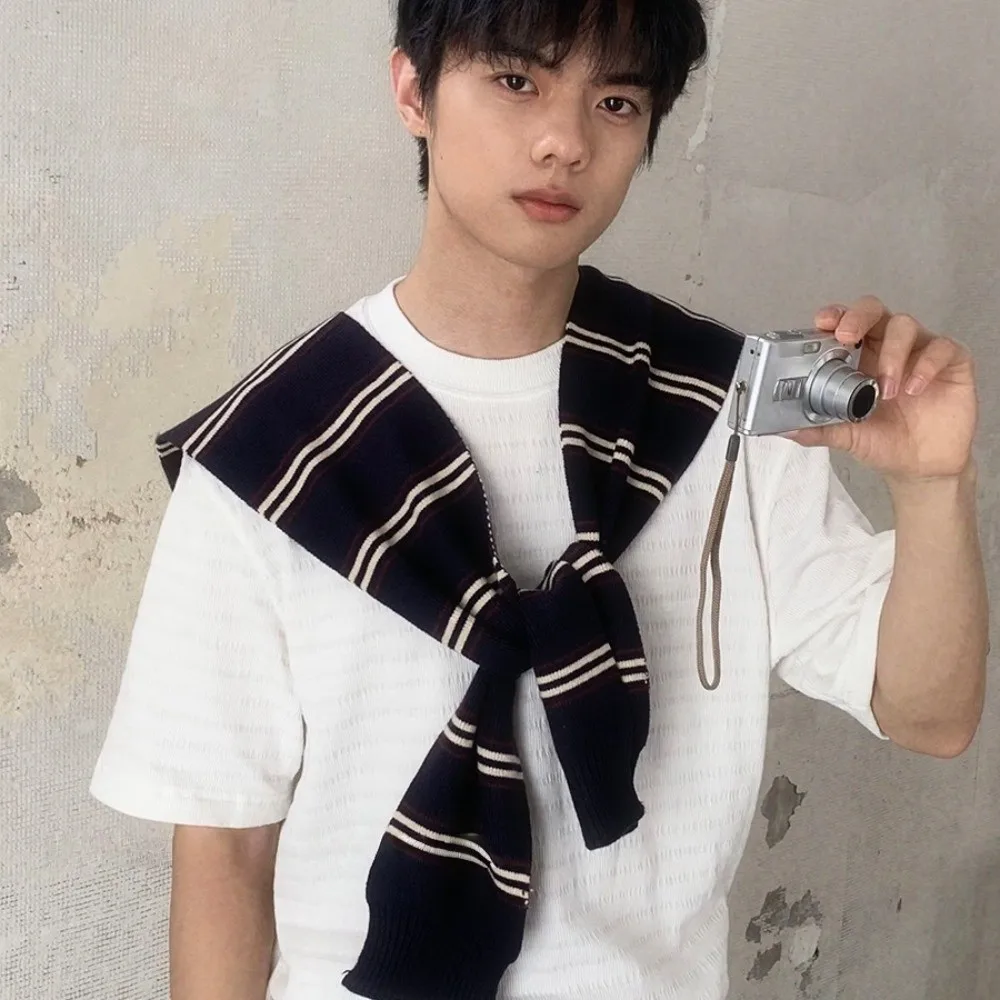 

Simple Classic Men Knitted Shawl Cloak Wraps Stripe Scarf Knotted Korean Style Fake Collar Wraps Blouse