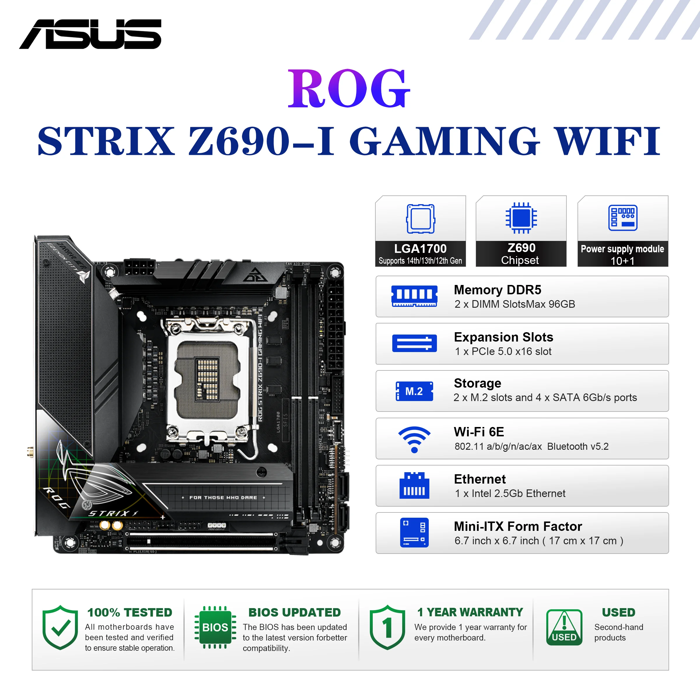 ASUS ROG STRIX Z690-I GAMING WIFI placa base Socket LGA1700 CPU DDR5 6400 + (OC) MHz Chipset de memoria Z690 Mini-ITX placa base