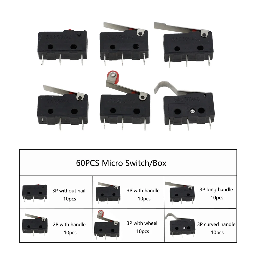 60PCS Micro Switch/Box Limit Switch 5A250VAC KW11-3Z Mini Micro Switch With Pulley Laser Machine Micro Limit Sensor