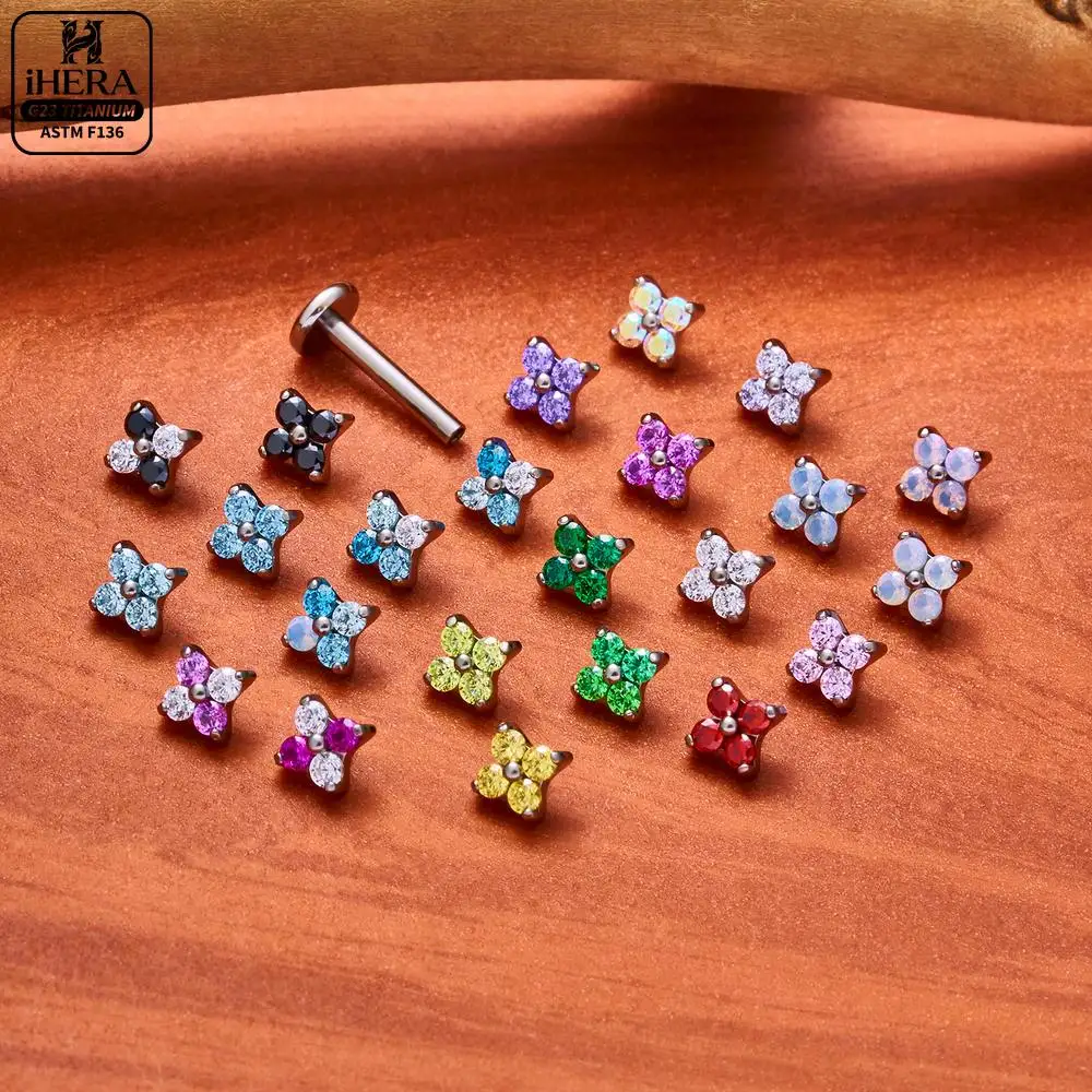 F136 Titanium Piercing Sparkly Flower CZ Flatback Ear Stud Nose Ring Piercing Jewelry Lot Helix Tragus Conch Eyebrow Set Bulk