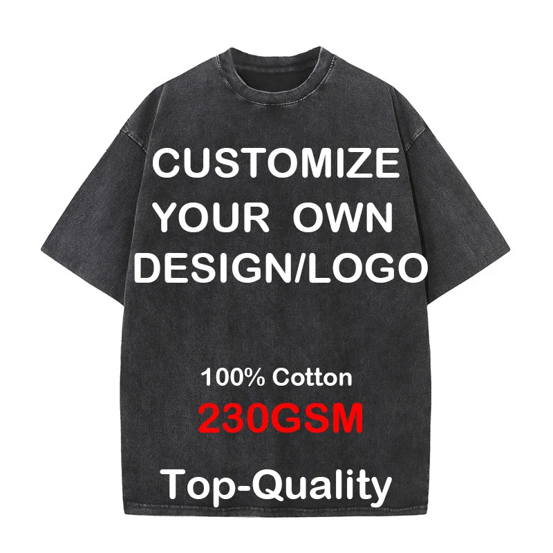Custom Your LOGO Hip Hop Streetwear Men 100% Cotton T-shirts Oversized Washed Top Tee Uni Summer Retro Brand Personalized