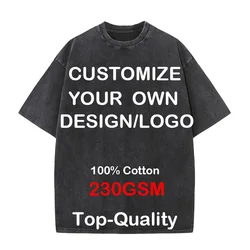 Masculino Personalizado Seu Logotipo Hip Hop Streetwear, 100% Algodão T-shirts, Oversized Top Lavado, Unisex Tee Verão, Marca Retro, Personalizado