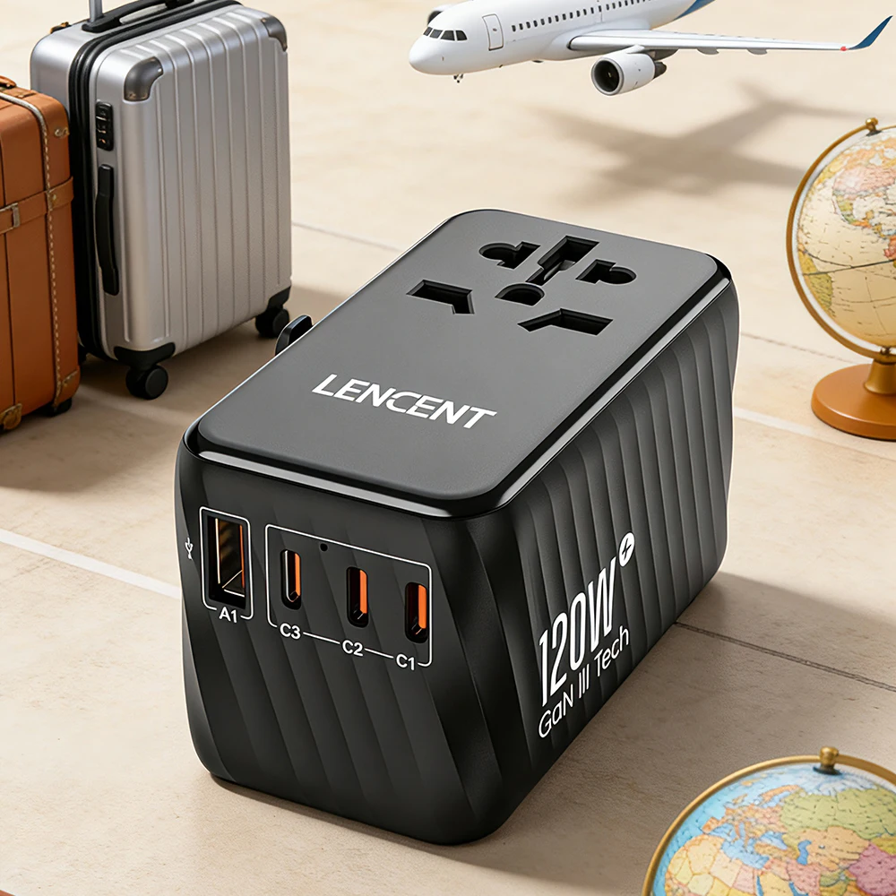lencent-120w-super-fast-charging-gan-universal-travel-adapter-internation-plug-adapter-with-1-usb-a-3-type-c-ports
