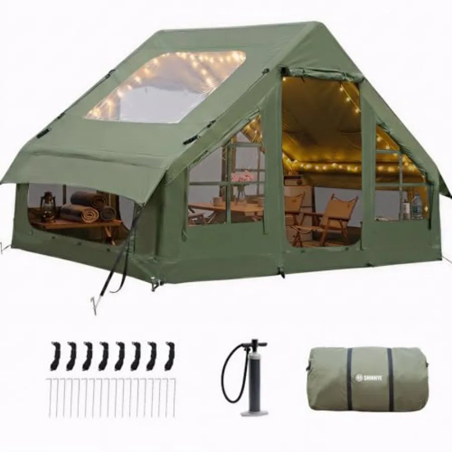 

Camping inflatable tent with stove jack and pump, hot cabin tent house for easy 4-season setup, waterproof Oxford fabric, beige