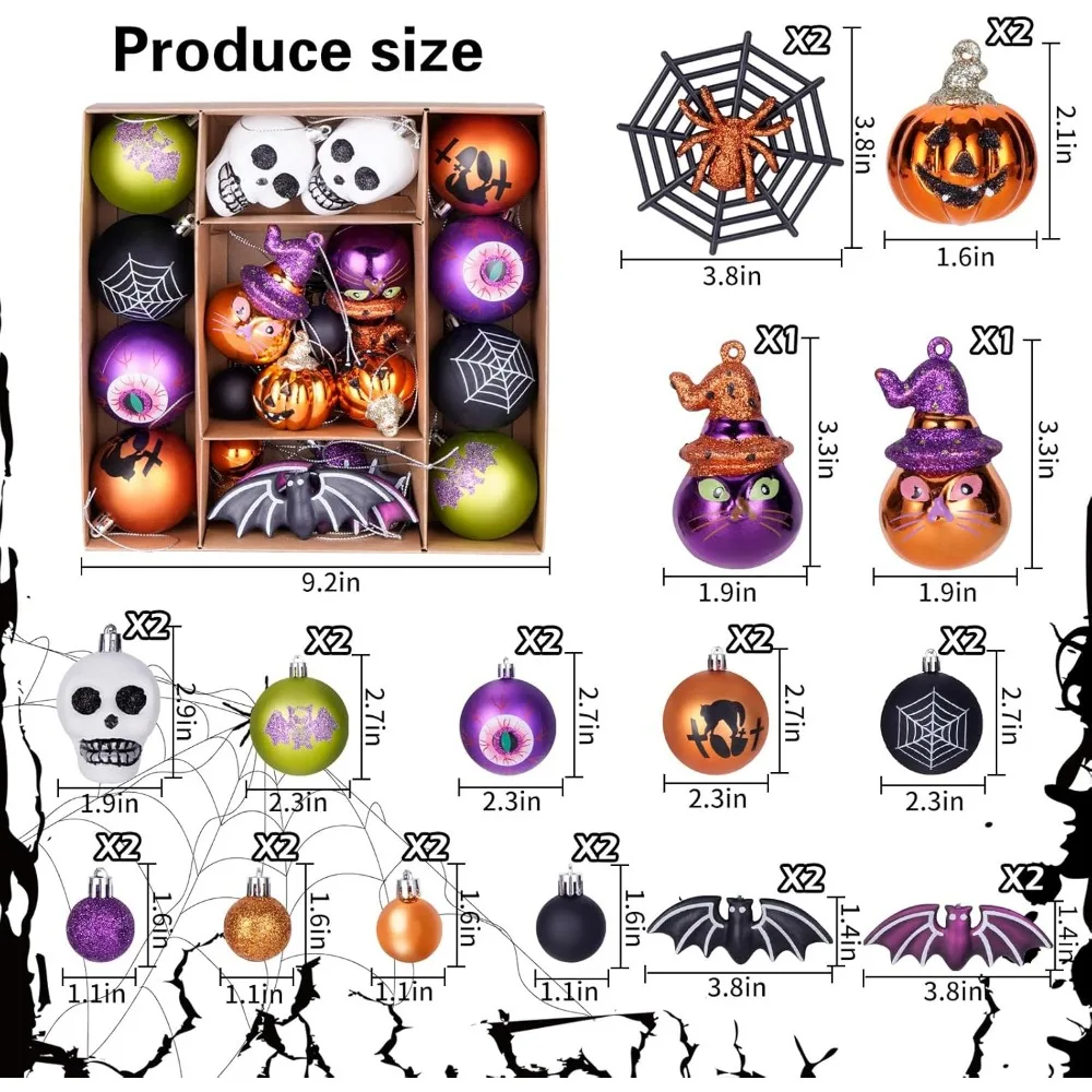 مجموعة زينة كرة الهالوين مكونة من 28 قطعة، زينة شجرة الهالوين المعلقة المقاومة للكسر مع عنكبوت، يقطين، تصميم جمجمة للداخلية