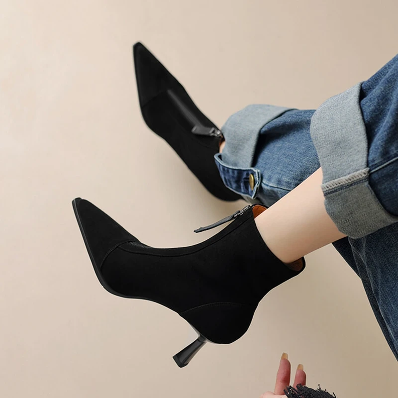 NEW Autumn Women Boots Pointed Toe Thin Heel Ankle Boots Sheep Suede Leather Shoes for Women Winter Black High Heel Boots Women