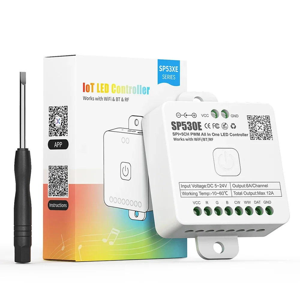 

SP530E All In One LED Controller Wifi Alexa Google Home 5CH PWM SPI Pixels WS2811 WS2812B SK6812 FCOB LED Strip Light Controller