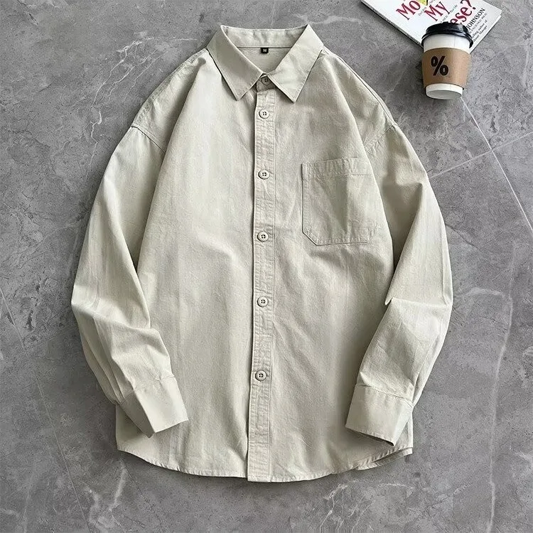 

Japanese Utility Shirt Men's | Long Sleeve Oversized Streetwear Casual Top - Beige Workwear Blouse W/ Chest Pocket