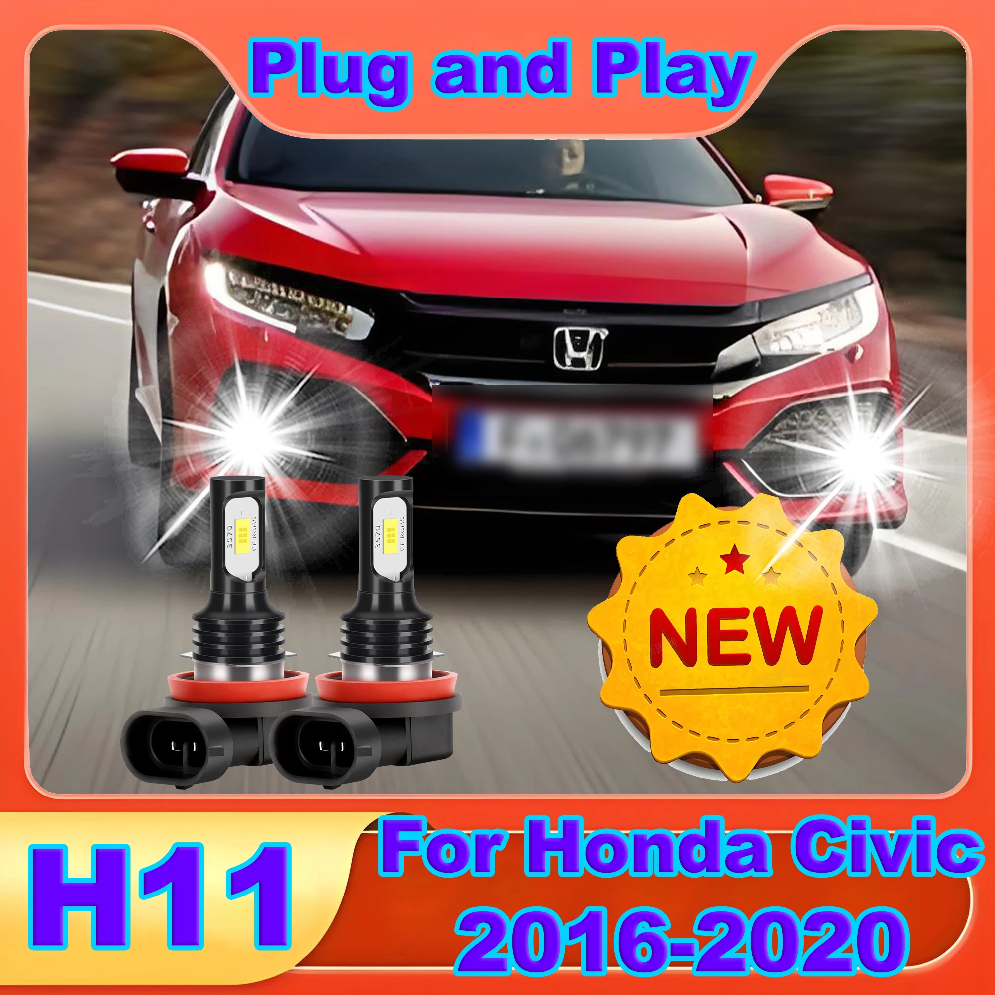 

2 шт. H11 передние противотуманные фары 6000K белого света, высококачественные светодиодные лампы с чипами 3570 CSP для Honda Civic 2016-2018 2019 2020, автомобильные фары