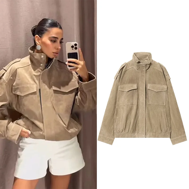 

HipSeam Women Suede Jacket Loose Lapel Zipper Long Sleeve Pockets Coat Female 2025 Spring Autumn Vintage High Street Tops