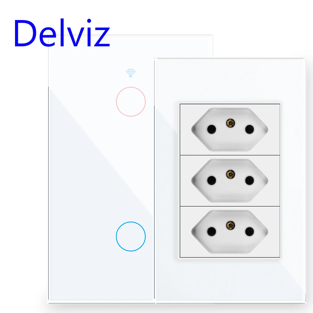 

Delviz Brazil power Socket,Crystal glass panel,3gangs 3 Pins outlet, Wifi control touch switch, Intelligent switch of wall lamp