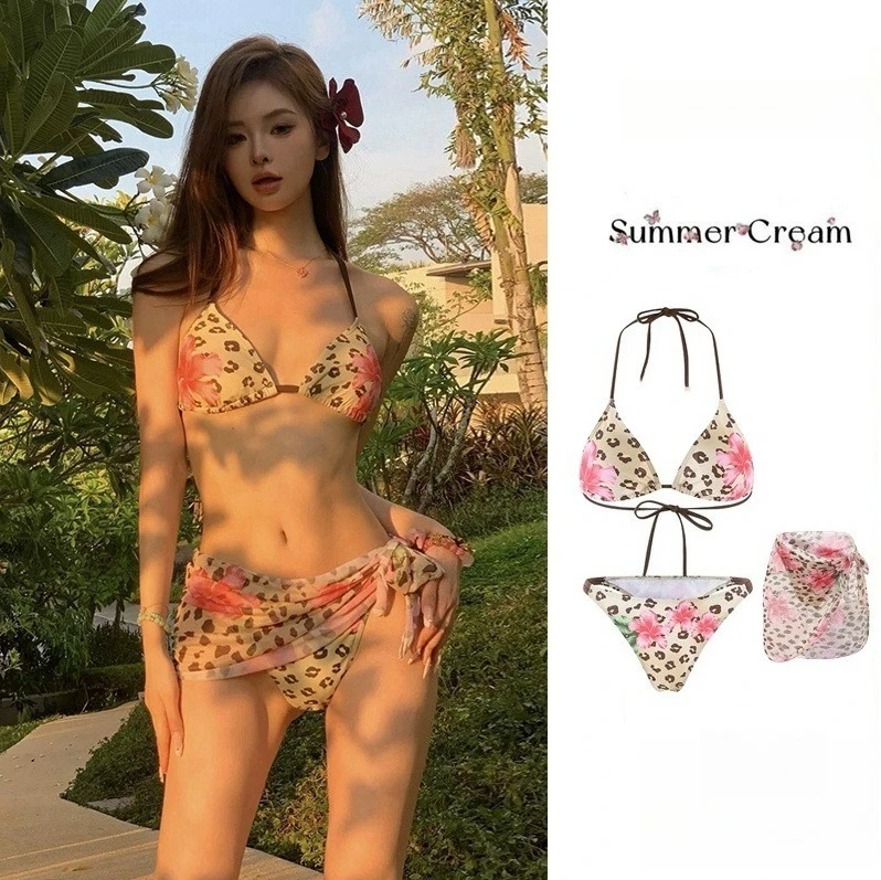 

Island Vacation Split Swimsuit Women's 2025 New Hawaiian Leopard Print Fuso Flower Bikini Three-piece Set