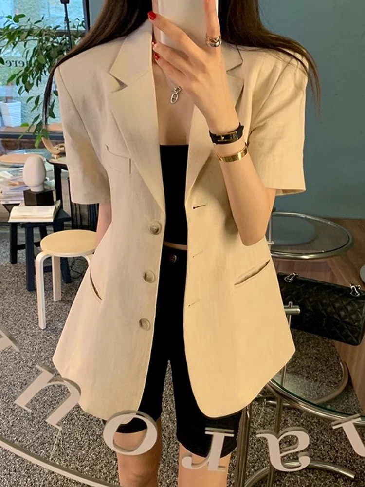 Retro Suit Collar monopetto donna manica corta coreano Chic Casual Slim Jacket femminile cotone lino giacca Top 2024 estate