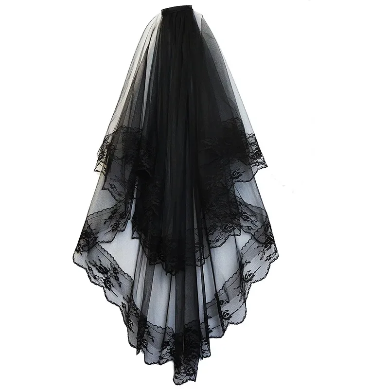 Véus de noiva duas camadas feminino menina preto casamento curto com pente floral renda guarnição halloween cosplay traje acessórios para o cabelo