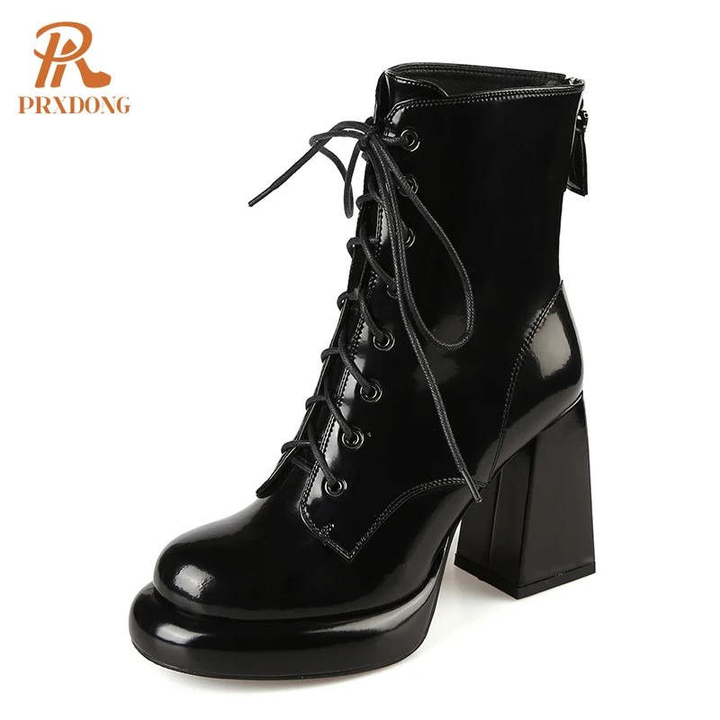 PRXDONG Women's Genuine Cow Leather Autumn Winter Shoes Ankle Boots Chunky High Heels Round Toe Lace Up Dress Party Short Boots