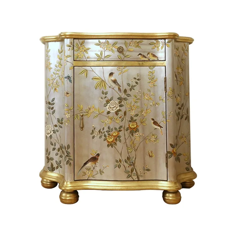 

European luxury gold foil painted flower and bird entrance cabinet American solid wood living room side cabinet Villa foyer