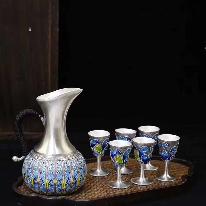 Wine dispenser, wine set 999 sterling silver handmade enamel decanter