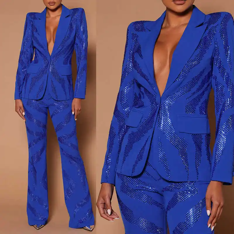 Customized Sequined Women Slim Pants Suits 2 Pieces Plus Size Formal Prom Evening Party Fashion  Wear Outfits