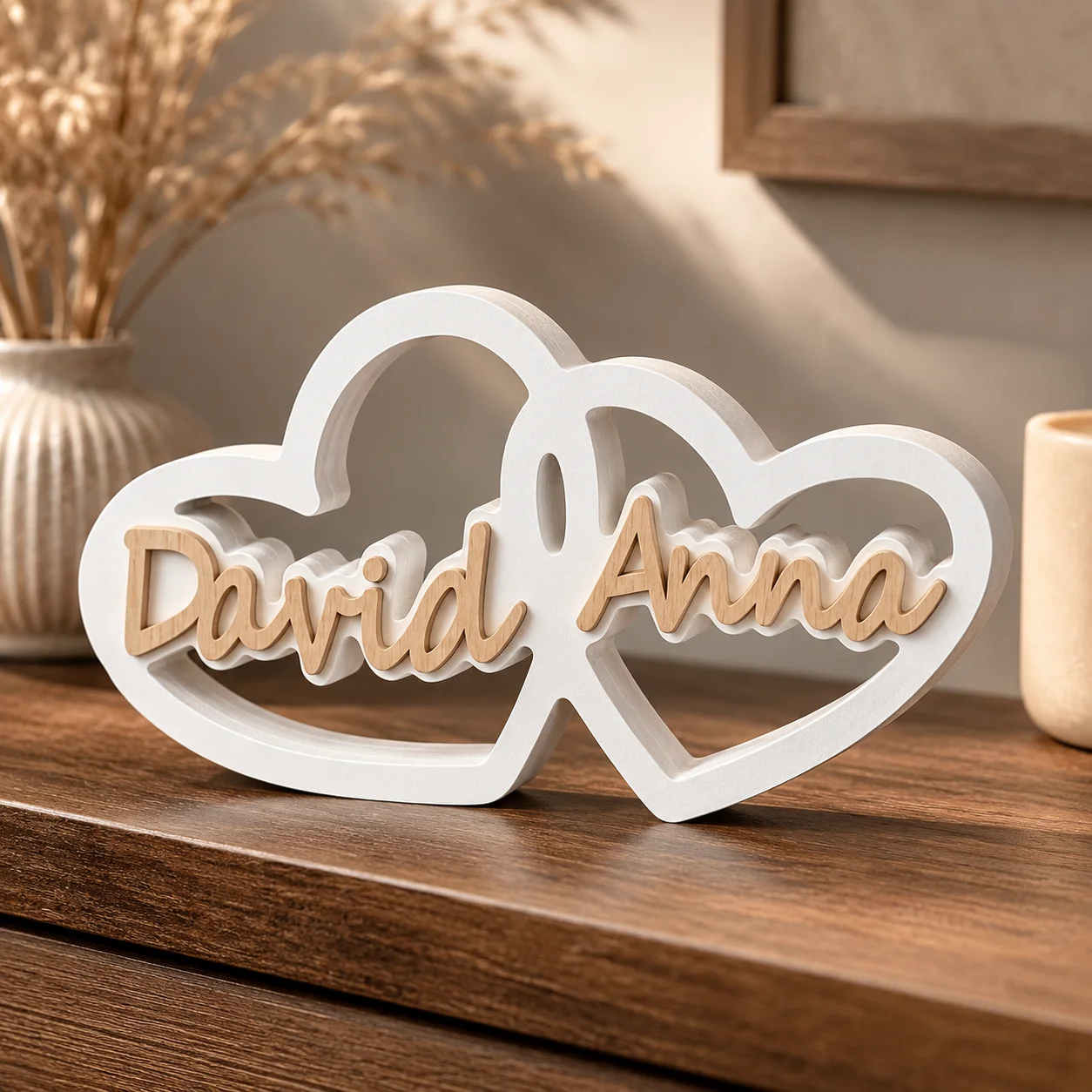 1pc Custom Heart Shape PVC Wooden Name Plaque, Bedroom Room Table Decor,Ornament for Nursery Baptism Wedding Anniversary Gift